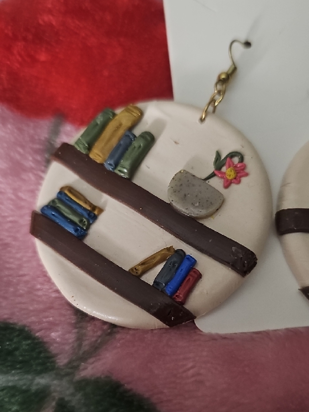 Handcrafted White Ceramic Bookshelf Drop Earrings with Multicolor Accents - Picture 3 of 4